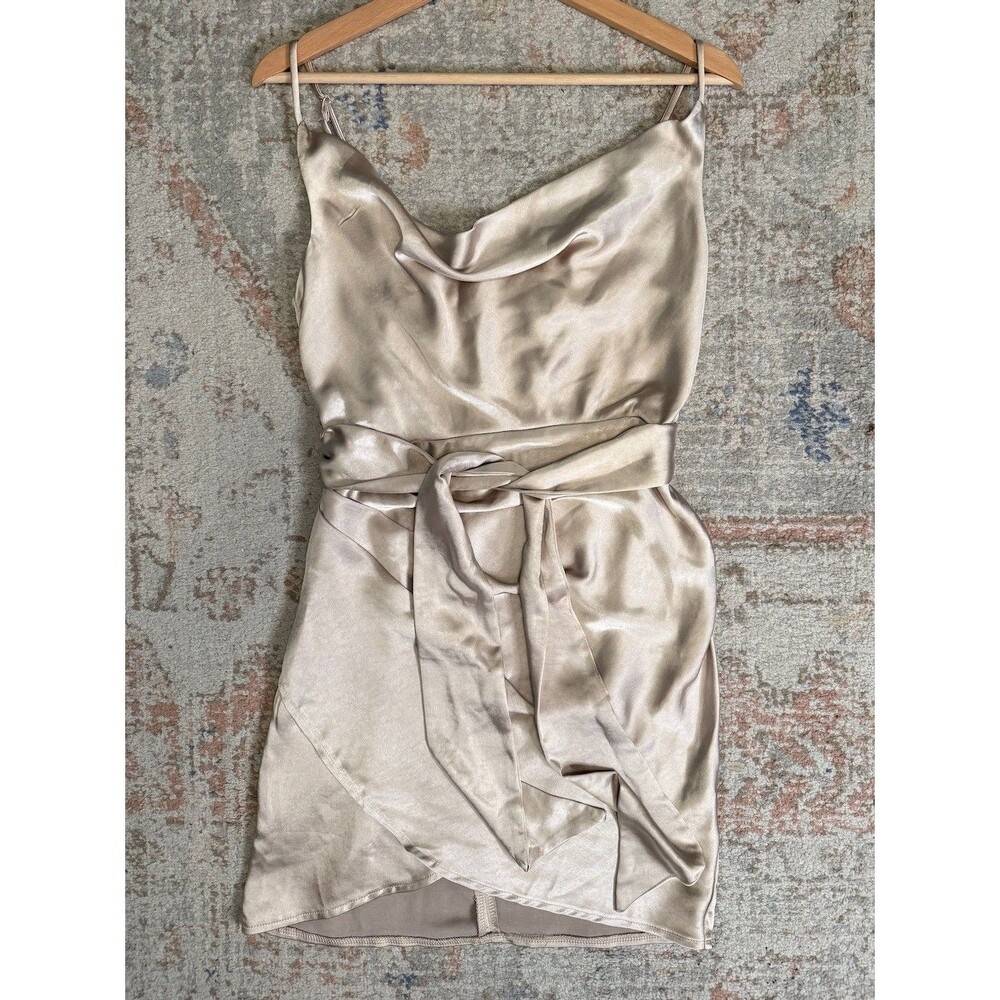 Saints + Secrets Champagne Satin Cowl Neck Mini Dress NWT Womens Small Tie Waist